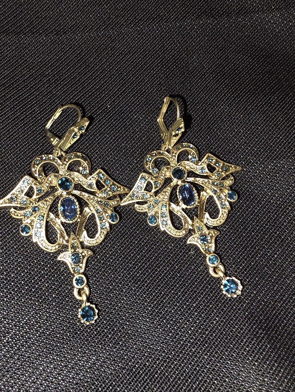 Gold Filigree Drop Earrings with Blue Crystals - Women Jewelry